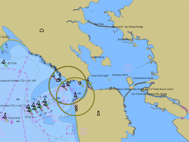 Typical small scale portrayal of ENC data covering Entrances to San Francisco Bay.