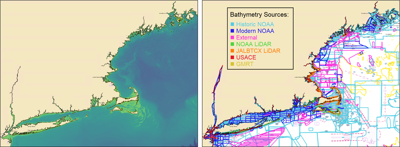 BlueTopo (left) and the coverage of contributing bathymetric source data (right) in the New York and New England regions. The bathymetric data included in BlueTopo comes from many different sources including historic and modern NOAA data, external sources such as bathymetry from universities or state institutions, Light Detection and Ranging (LiDAR) data from NOAA and the Joint Airborne LiDAR Bathymetry Center for Expertise (JALBTCX), the United States Army Corps of Engineers (USACE) bathymetric data, and the Global Multi-Resolution Topography (GMRT) dataset.