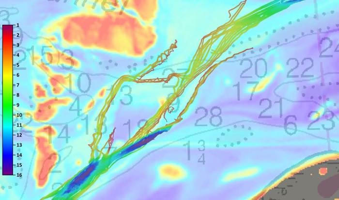 Routes taken up the Yukon River channels generally followed the satellite-derived bathymetry data provided.