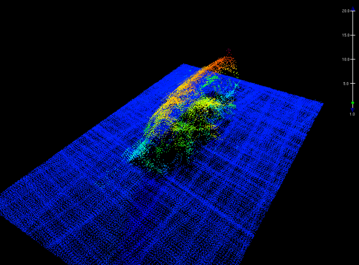 Multibeam echo sounder image of the F/V Destination, seen here lying on its port side, with the house in the foreground, bow to the left, and stern to the right.