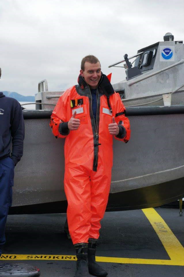 Lt. Bart Buesseler dressed in an immersion suit (also called a gumby suit) following a man overboard drill on NOAA Ship Rainier in Whale Pass, Alaska.