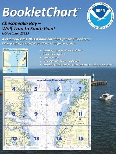 Booklet charts are reduced scale copies of NOAA paper nautical charts divided into a set of a dozen 8.5” x 11” pages that show different portions of a chart.