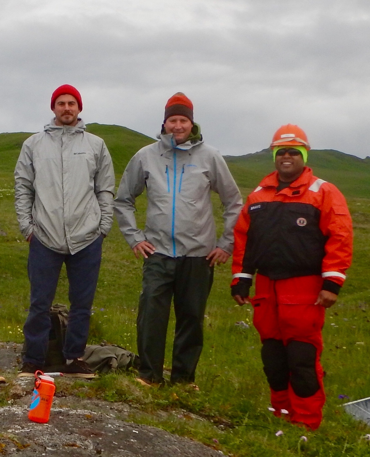 Kurt Mueller (center) and survey technicians on NOAA Ship Fairweather installed a GPS base station for horizontal control during a hydrographic survey project near South Kodiak Island, Alaska.