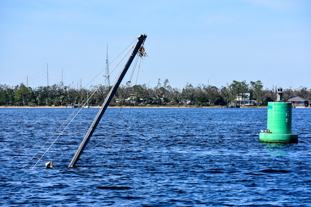 Sunken sailboat found by NOAA’s navigation response team while surveying off Bear Pt, in Panama City.
