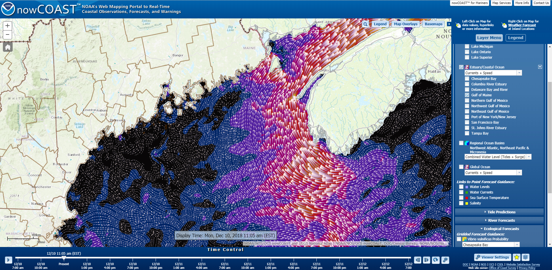 Depiction of surface water currents predictions from the NOS Gulf of Maine Operational Forecast System on nowCOAST map viewer.