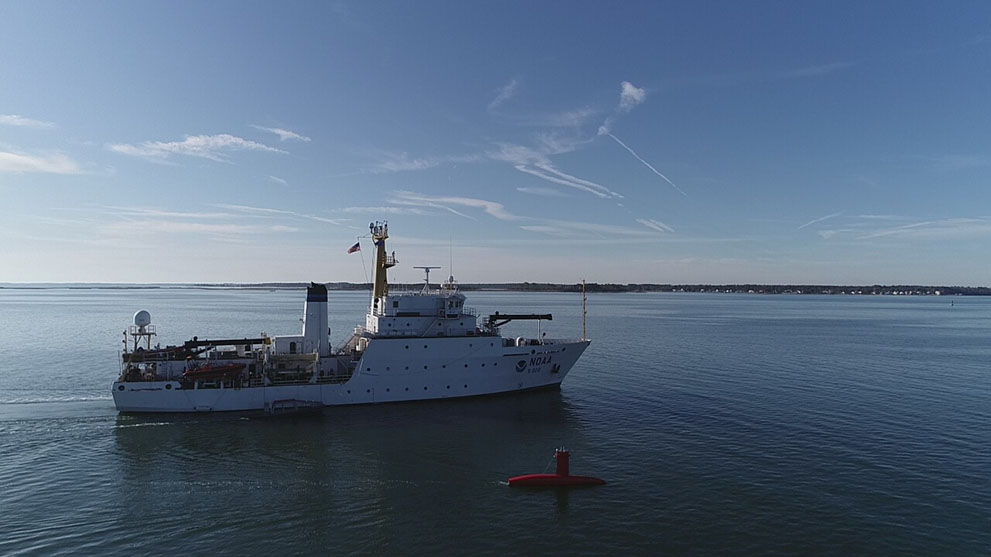 Drone photo of the DriX underway from the ship with the DDS still in the water.