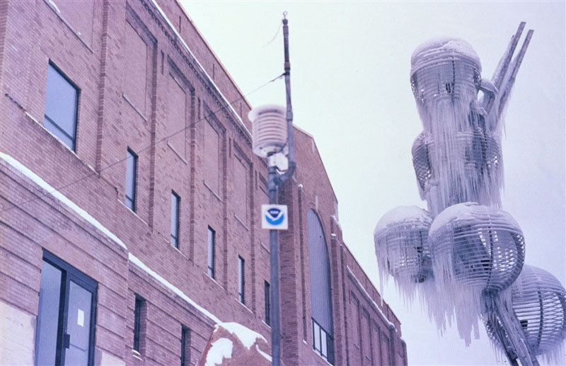 Air temperature sensor outside of the NWS Olympic Support Unit Forecast Office in the 1932 Olympic Arena.