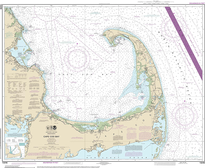 Traditional raster paper nautical chart 13246 (1:80,000) of the Cape Cod, Massachusetts, region.