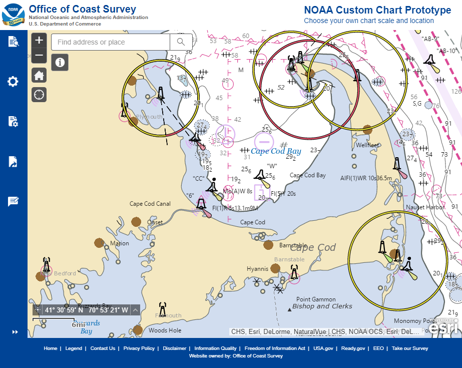 Updated user interface of the NOAA Custom Chart (NCC) prototype web application displaying the Cape Cod, Massachusetts, region.