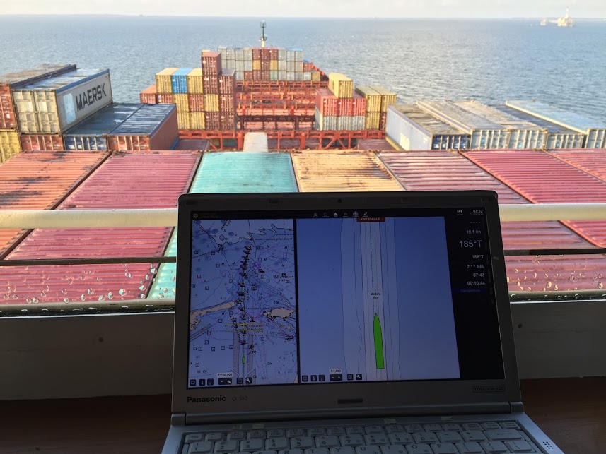 Portable pilot unit on the bridge of a ship