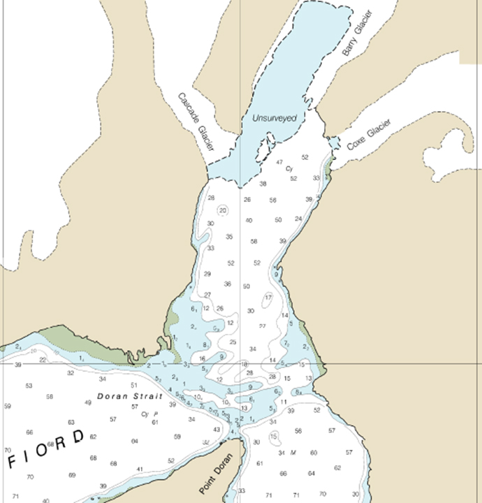 Nautical chart of unsurveyed waters at the head of Barry Arm